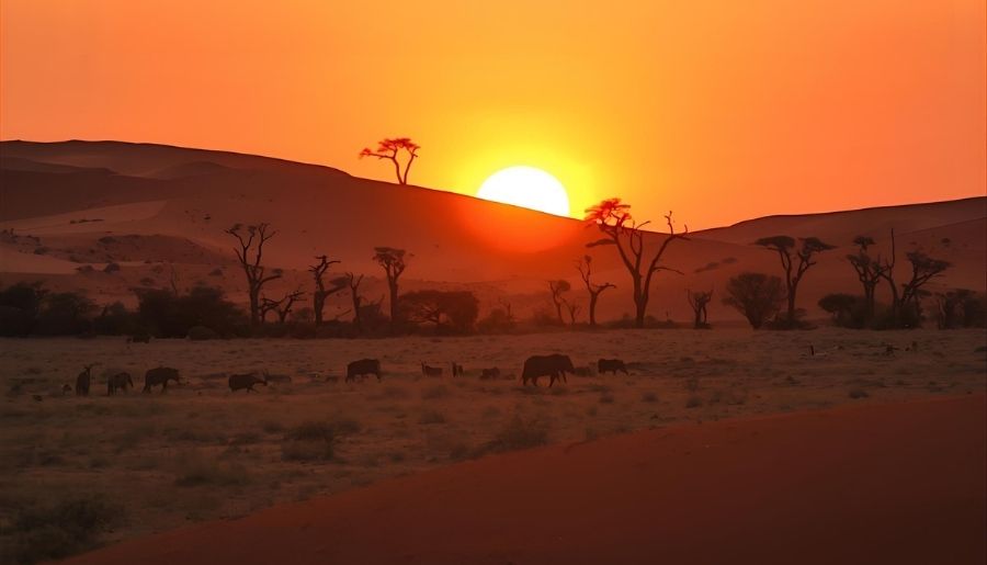 Namibia travel hero image with dunes and wildlife